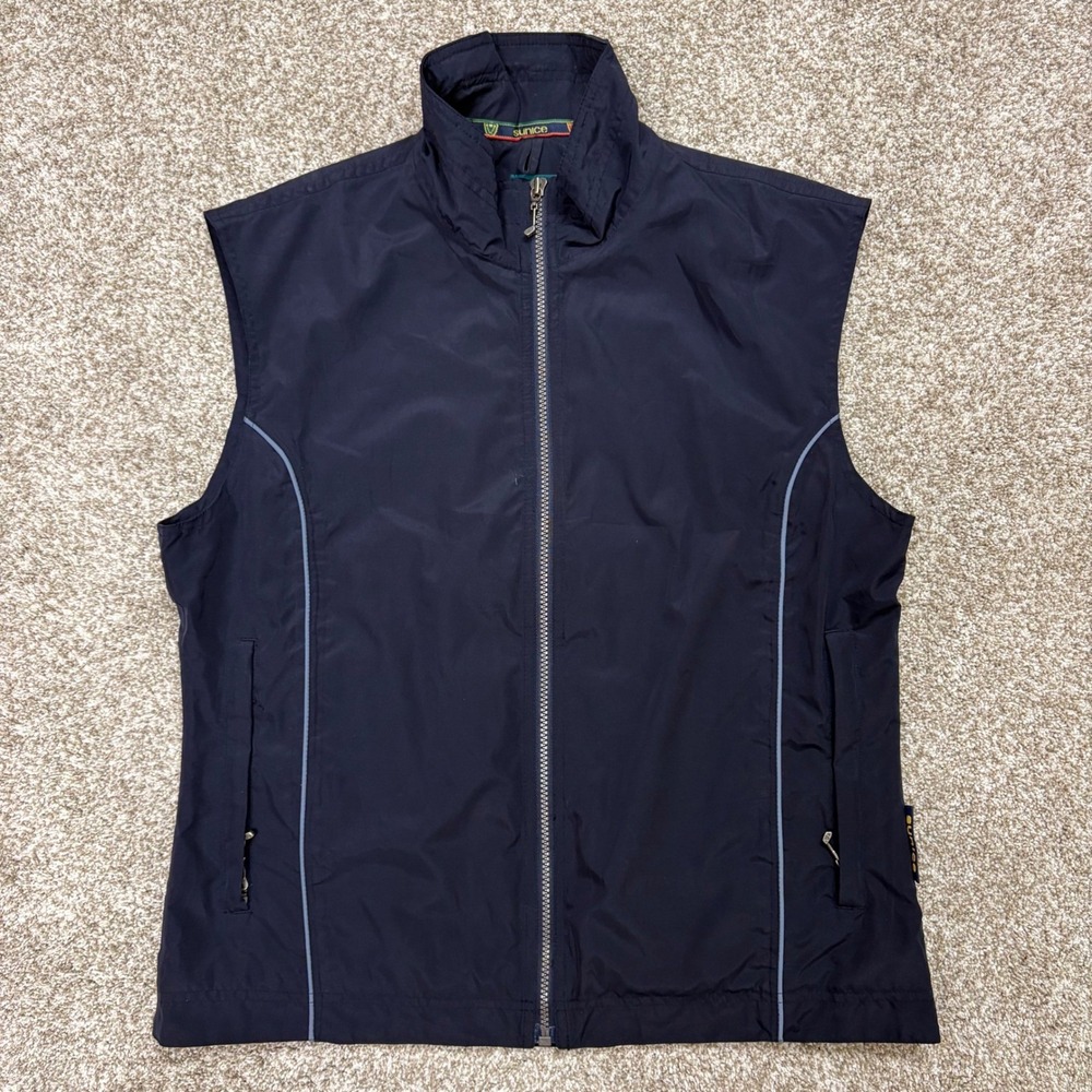 Sunice Golf Vest Mens Medium Navy Blue Full Zip Reflective Piping 4460